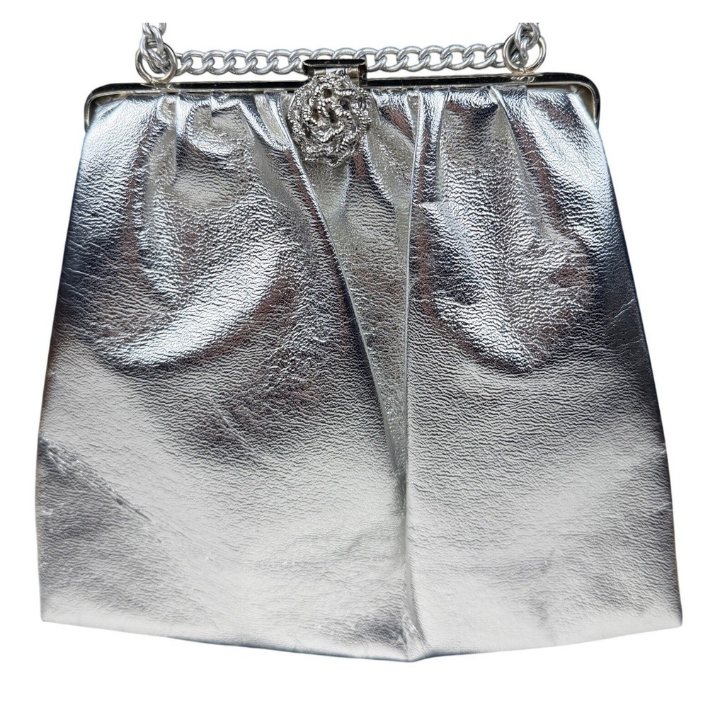 Vintage Silver 50s 60s Metallic Frame Evening Bag Floral Clasp Chain Strap